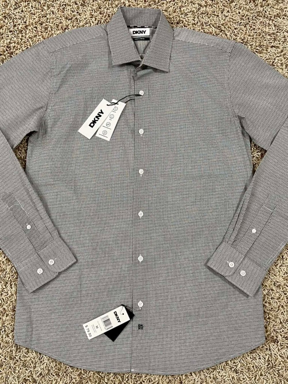 DKNY Men’s Slim Fit Geometric Print Stretch Dress Shirt, Size M (15-15.5 34/35)